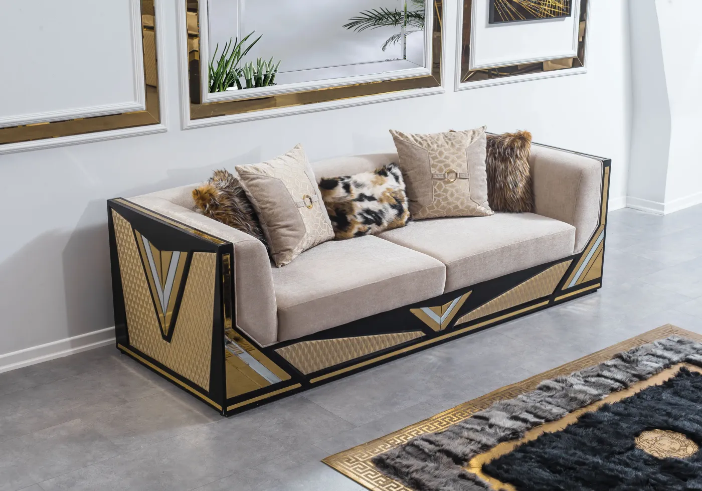 Angel Pro three-seater sofa in ivory with quilted gold V-motif panels