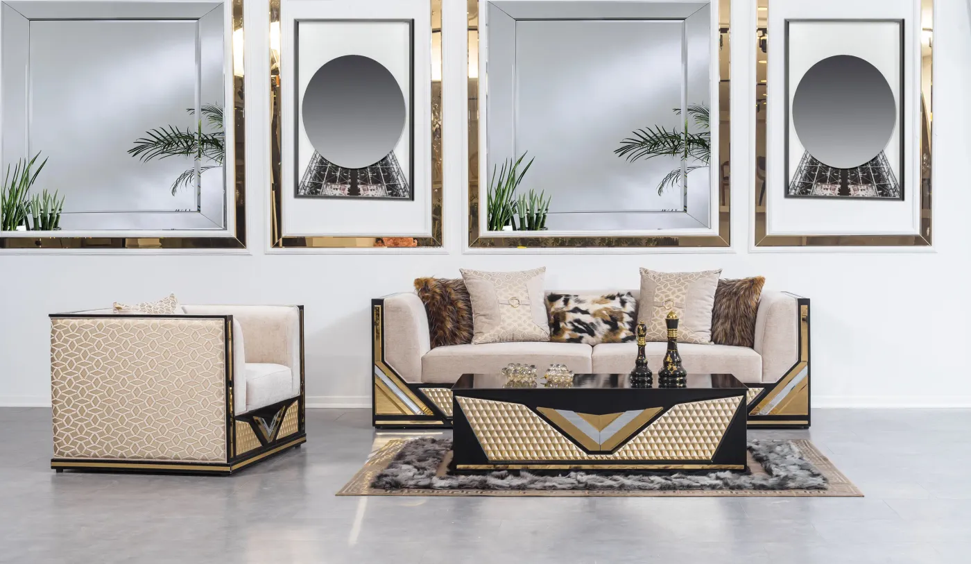 Angel Pro suite with matching coffee table in a mirrored room