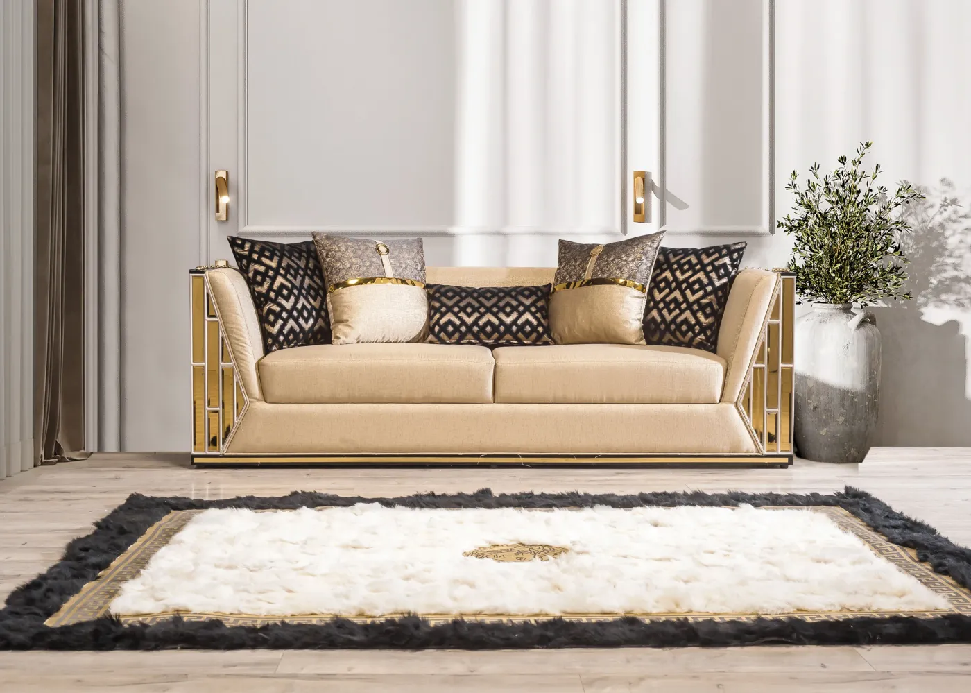 Bentley three-seater sofa in cream velvet with gold column frame