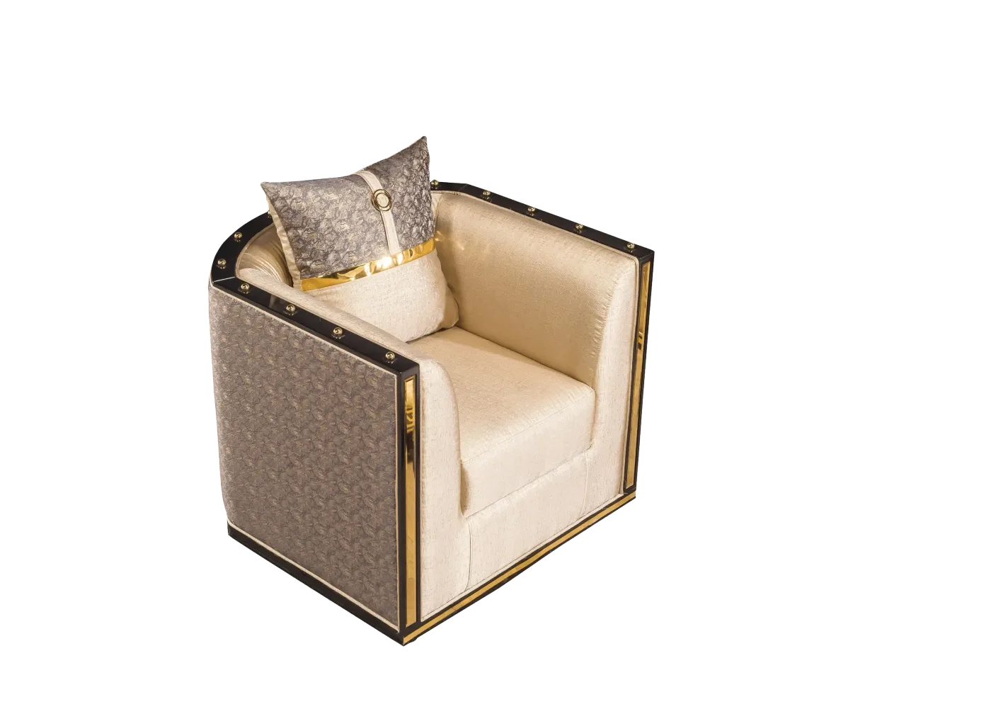 Bentley armchair, front view, cream velvet with black and gold frame