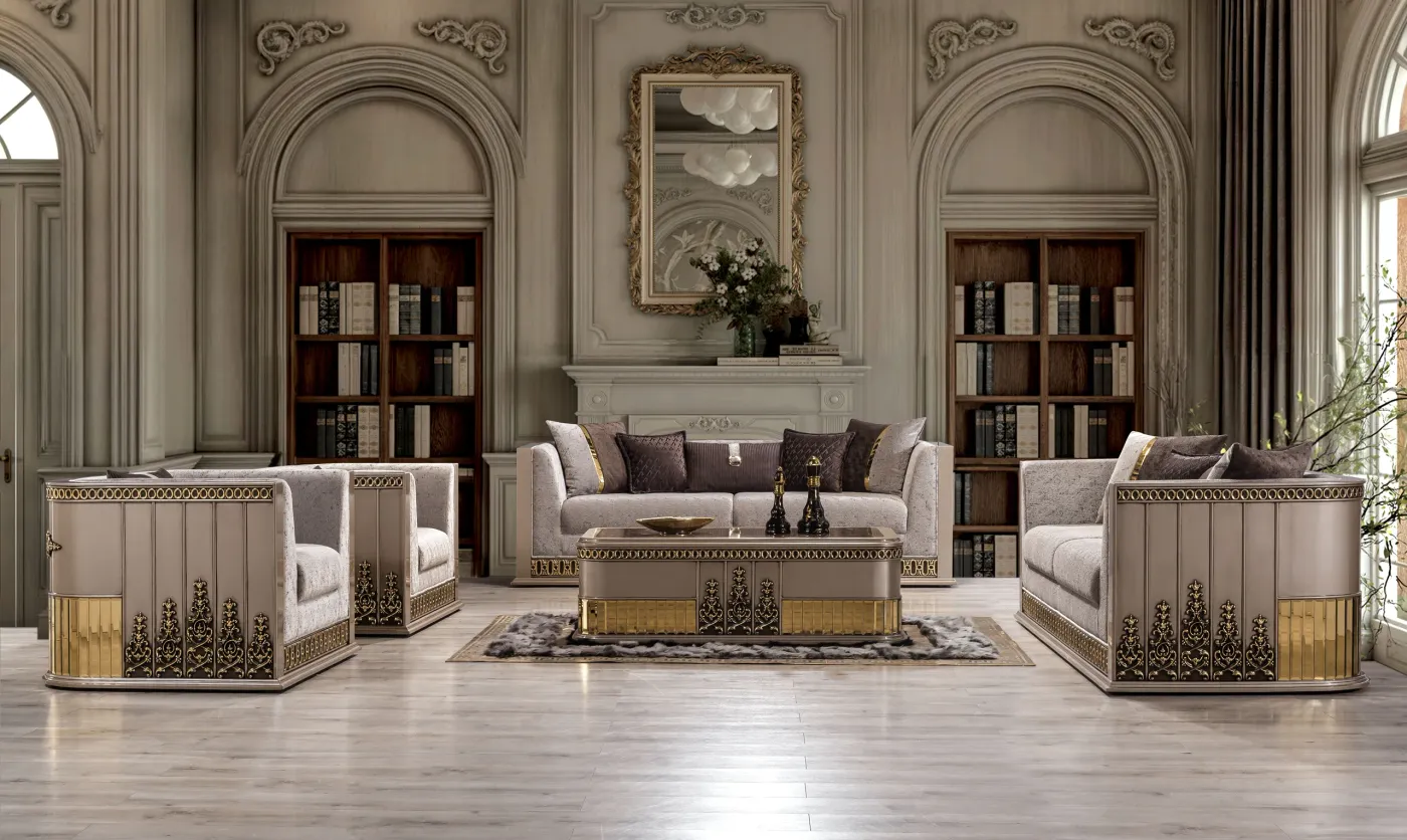 Gucci suite in dove grey upholstery arranged in a panelled living room