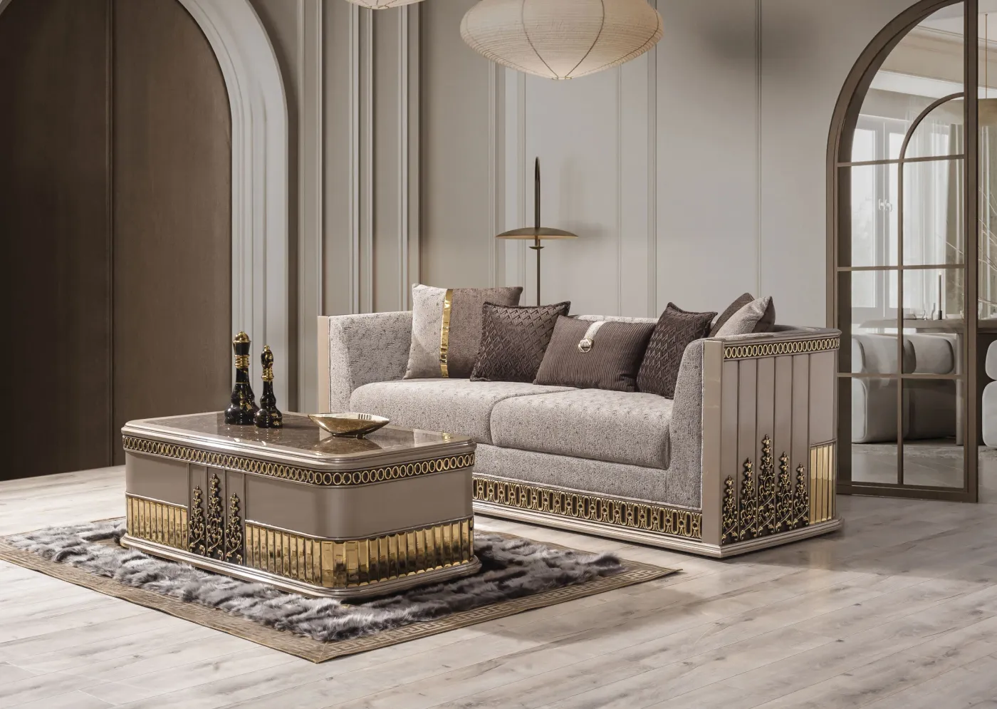 Gucci three-seater sofa and coffee table with fluted gold bases