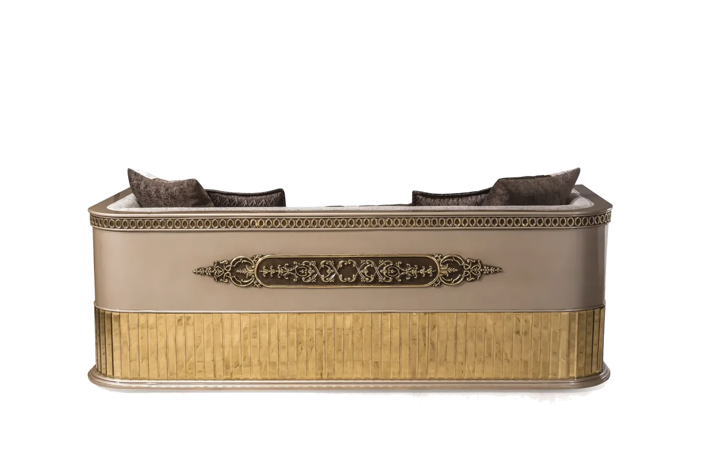 Gucci three-seater sofa in dove grey with carved gold appliqué