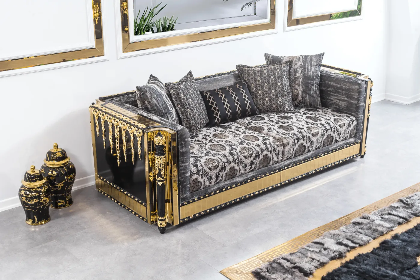 Lagos sofa from the side, showing the embossed gold tassel frame