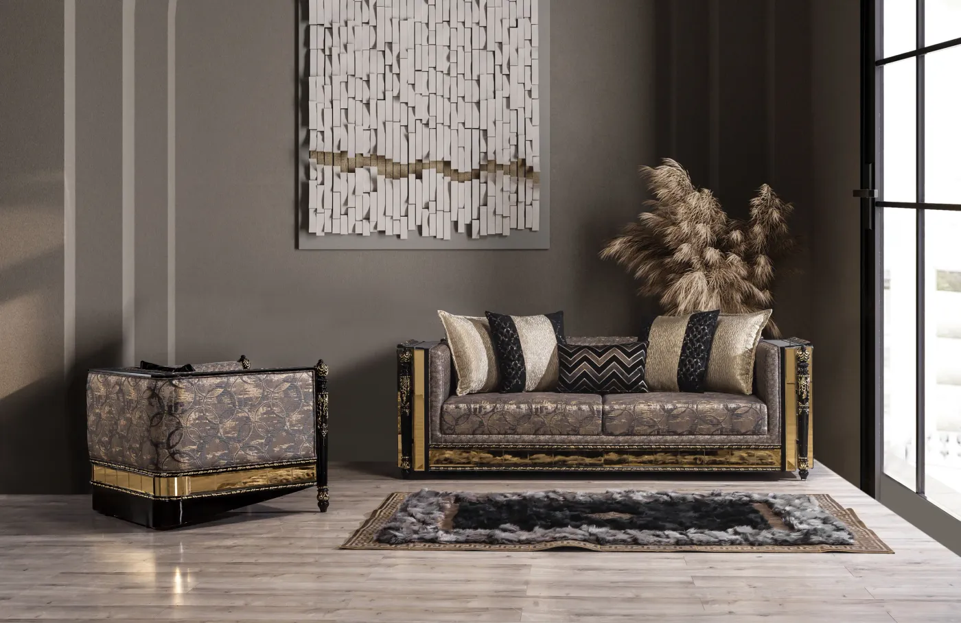 Lagos suite in the taupe and gold colourway, styled in a living room
