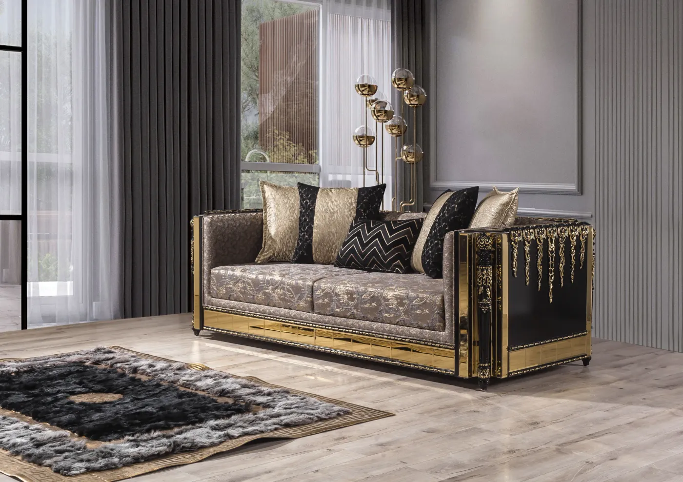 Lagos three-seater in taupe fabric with gold frame detailing