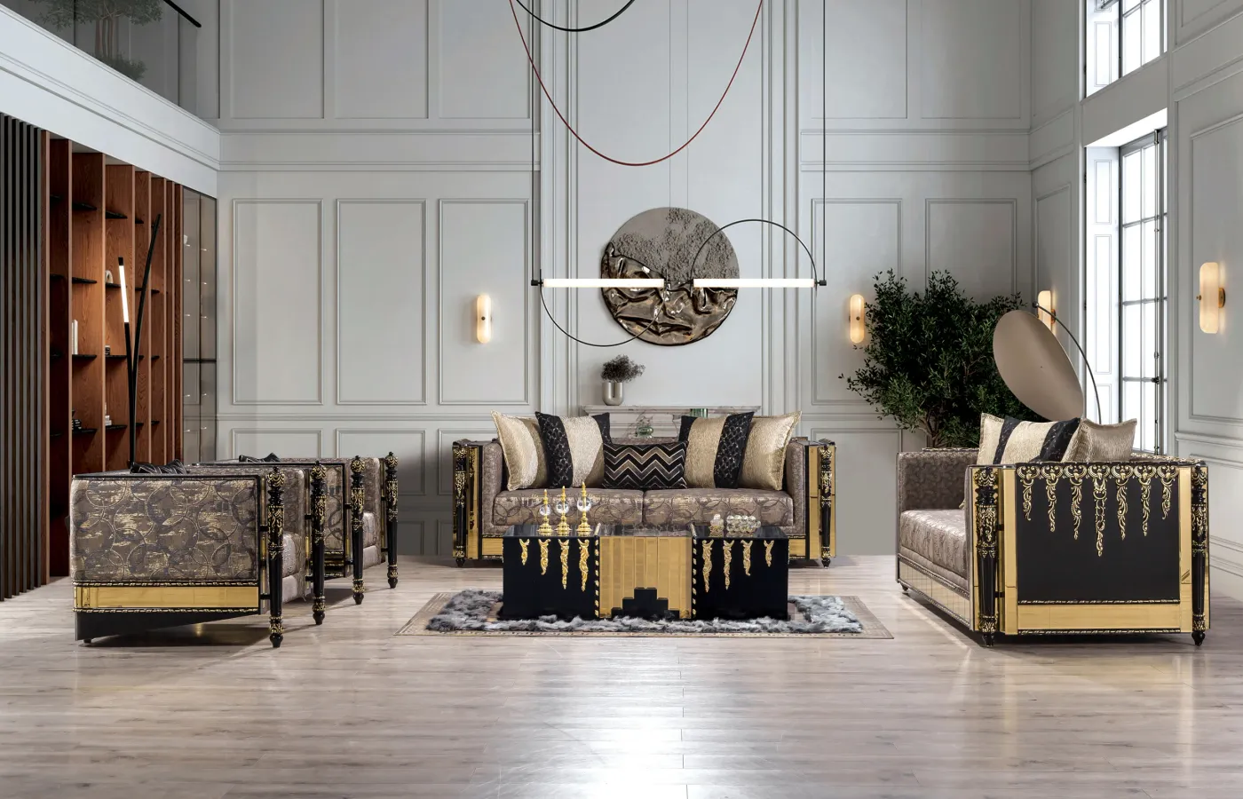 Lagos living room suite arranged with sofa, armchairs and coffee table